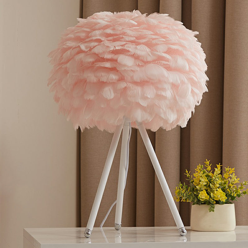 Feather Sphere Table Lighting Nordic 1 Head Nightstand Lamp with Metallic Tripod for Living Room White Pink Clearhalo 'Lamps' 'Table Lamps' Lighting' 2186747