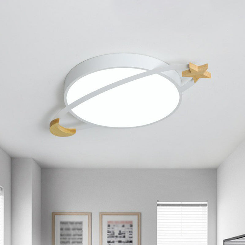 Planet Shaped Flush Light Nordic Metallic Bedroom LED Flush Ceiling Light Fixture with Wooden Moon and Star Clearhalo 'Ceiling Lights' 'Close To Ceiling Lights' 'Close to ceiling' 'Flush mount' Lighting' 2186810