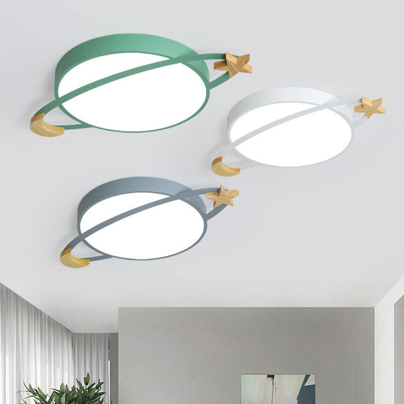 Planet Shaped Flush Light Nordic Metallic Bedroom LED Flush Ceiling Light Fixture with Wooden Moon and Star Clearhalo 'Ceiling Lights' 'Close To Ceiling Lights' 'Close to ceiling' 'Flush mount' Lighting' 2186811