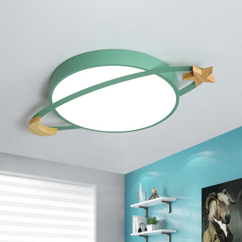 Planet Shaped Flush Light Nordic Metallic Bedroom LED Flush Ceiling Light Fixture with Wooden Moon and Star Green Clearhalo 'Ceiling Lights' 'Close To Ceiling Lights' 'Close to ceiling' 'Flush mount' Lighting' 2186814