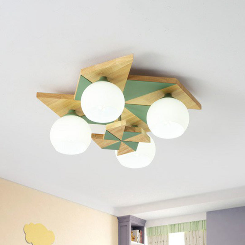 Windmill Kids Bedroom Flush Mount Light Wooden 4 Heads Nordic Flush Mount Fixture with Sphere Opal Glass Shade Green Clearhalo 'Ceiling Lights' 'Close To Ceiling Lights' 'Close to ceiling' 'Flush mount' Lighting' 2187034