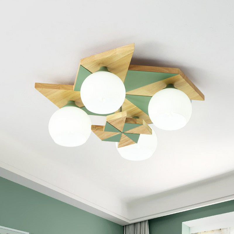 Windmill Kids Bedroom Flush Mount Light Wooden 4 Heads Nordic Flush Mount Fixture with Sphere Opal Glass Shade Clearhalo 'Ceiling Lights' 'Close To Ceiling Lights' 'Close to ceiling' 'Flush mount' Lighting' 2187036