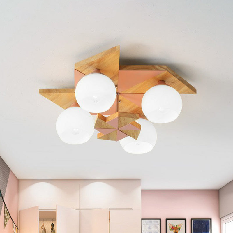 Windmill Kids Bedroom Flush Mount Light Wooden 4 Heads Nordic Flush Mount Fixture with Sphere Opal Glass Shade Pink Clearhalo 'Ceiling Lights' 'Close To Ceiling Lights' 'Close to ceiling' 'Flush mount' Lighting' 2187039