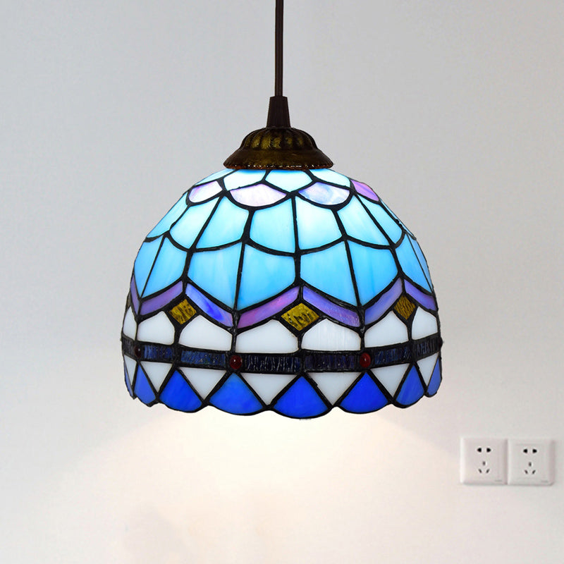 Shaded Pendant Light 1 Bulb Stained Art Glass Tiffany Suspension Light Fixture for Corridor Sky Blue Clearhalo 'Ceiling Lights' 'Industrial' 'Middle Century Pendants' 'Pendant Lights' 'Pendants' 'Tiffany close to ceiling' 'Tiffany Pendants' 'Tiffany' Lighting' 2187131