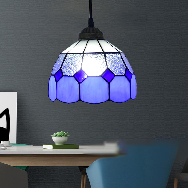 Single-Bulb Ceiling Light Vintage Scalloped Dome Stained Glass Hanging Pendant Light Ocean Blue B Clearhalo 'Ceiling Lights' 'Industrial' 'Middle Century Pendants' 'Pendant Lights' 'Pendants' 'Tiffany close to ceiling' 'Tiffany Pendants' 'Tiffany' Lighting' 2187175