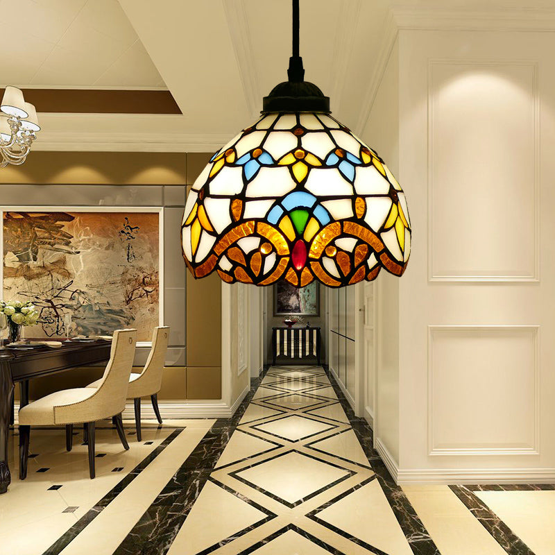 Tiffany Style Bell Shade Pendant Light Single Hand Cut Glass Suspension Light Fixture Khaki 8