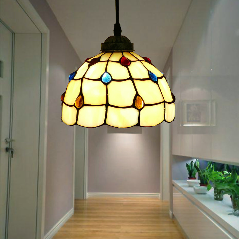 Tiffany Style Bell Shade Pendant Light Single Hand Cut Glass Suspension Light Fixture Beige 8