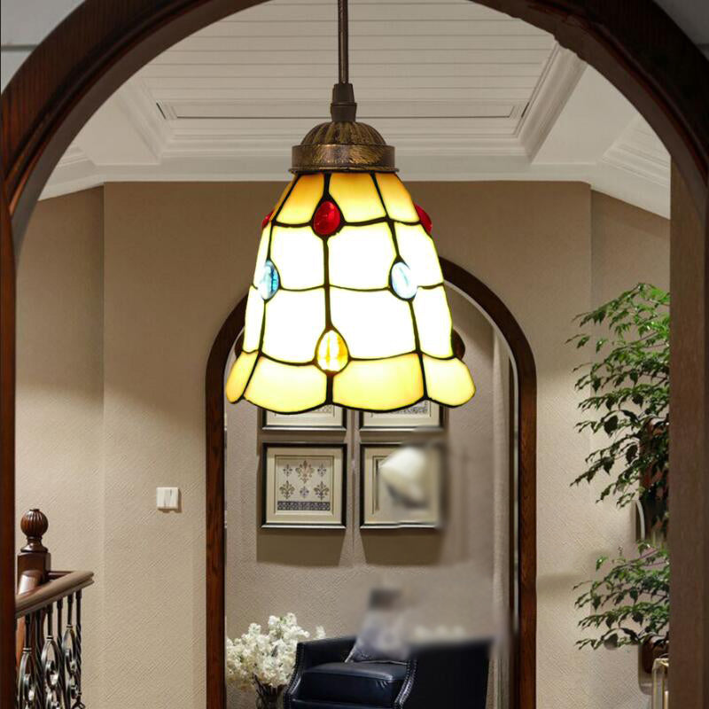 Tiffany Style Bell Shade Pendant Light Single Hand Cut Glass Suspension Light Fixture Beige 6