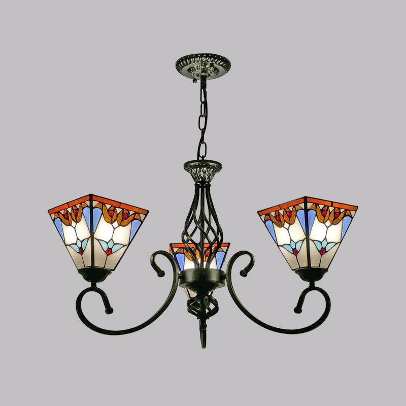 Antique Style Pyramid Ceiling Lighting Stained Art Glass Chandelier Light Fixture for Restaurant 3 White Clearhalo 'Ceiling Lights' 'Chandeliers' 'Industrial' 'Middle Century Chandeliers' 'Pendant Lights' 'Tiffany Chandeliers' 'Tiffany close to ceiling' 'Tiffany' Lighting' 2187214