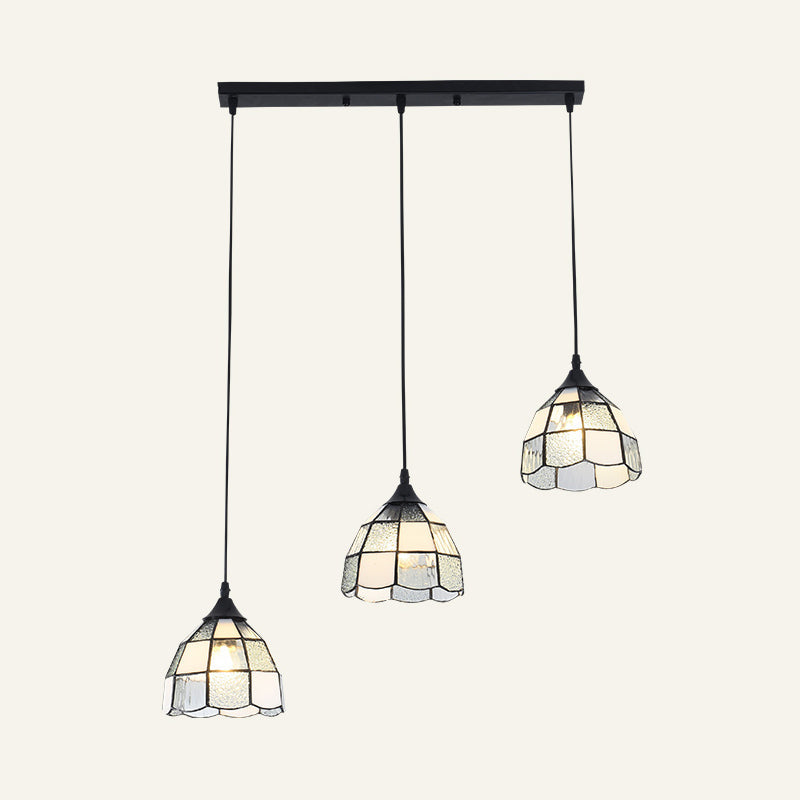 Tiffany-Style Bell Multi Ceiling Lamp 3 Bulbs Handcrafted Glass Suspension Light Fixture White Linear Clearhalo 'Ceiling Lights' 'Industrial' 'Middle Century Pendants' 'Pendant Lights' 'Pendants' 'Tiffany close to ceiling' 'Tiffany Pendants' 'Tiffany' Lighting' 2187250