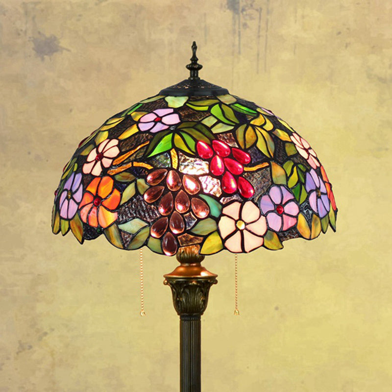 Bowl Shade Floor Lamp Antique Stained Art Glass 2 Heads Purple Standing Lighting with Grape and Flower Pattern Purple Clearhalo 'Floor Lamps' 'Lamps' Lighting' 2187296