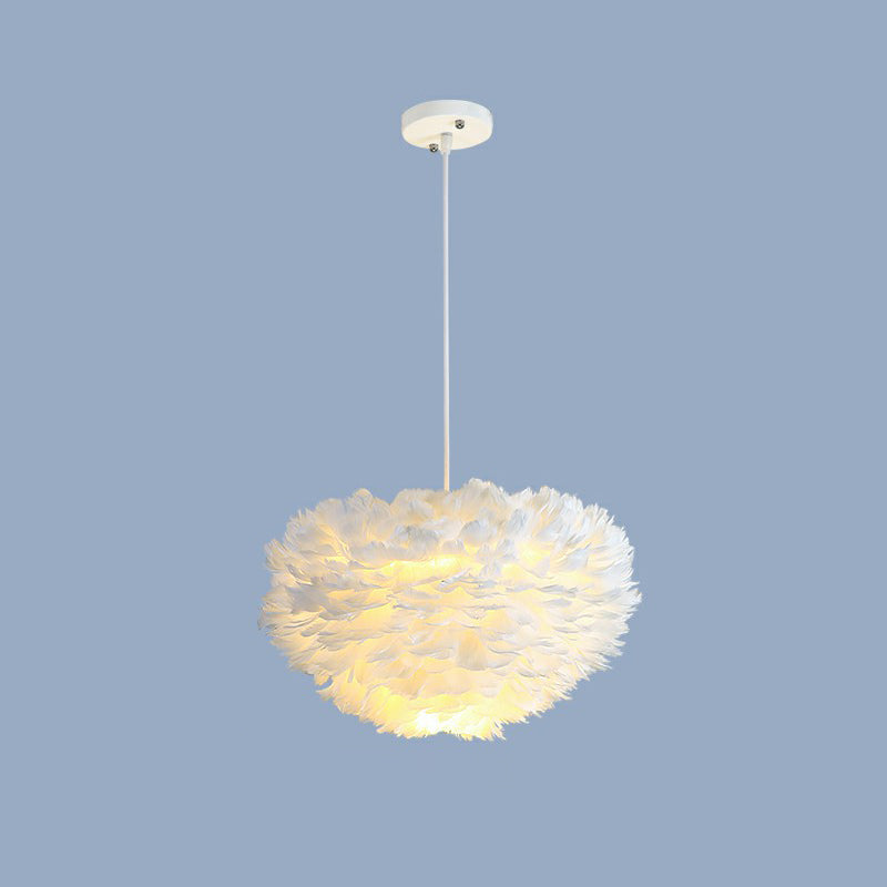 Hemisphere Shaped Girls Bedroom Ceiling Lighting Feather Minimalistic Chandelier Light Fixture White 15.5