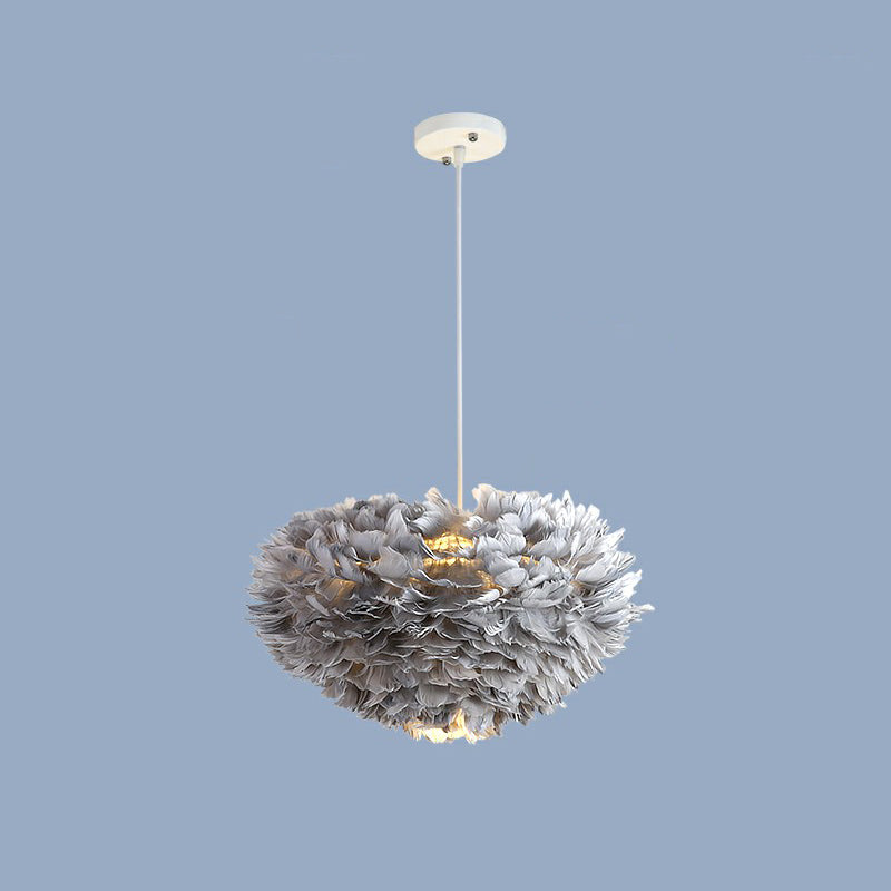 Hemisphere Shaped Girls Bedroom Ceiling Lighting Feather Minimalistic Chandelier Light Fixture Grey 15.5