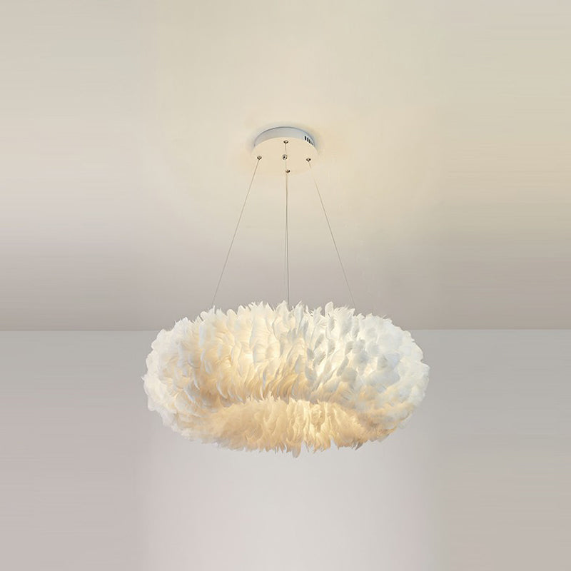 Simplicity Round Chandelier Pendant Light Feather Girls Bedroom Hanging Light in White White 19.5