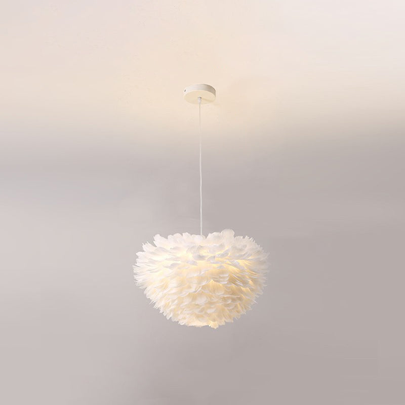 Simplicity Round Chandelier Pendant Light Feather Girls Bedroom Hanging Light in White White 19.5