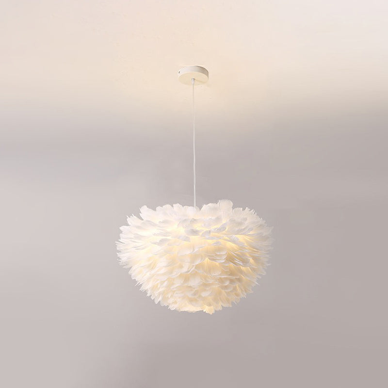 Simplicity Round Chandelier Pendant Light Feather Girls Bedroom Hanging Light in White White 23.5