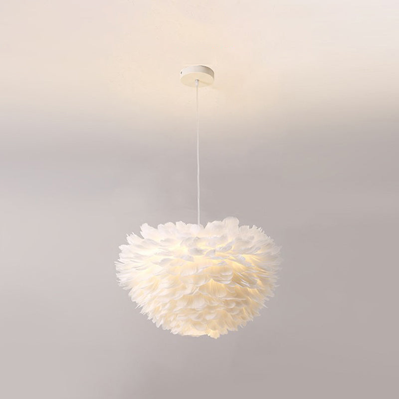 Simplicity Round Chandelier Pendant Light Feather Girls Bedroom Hanging Light in White White 27.5