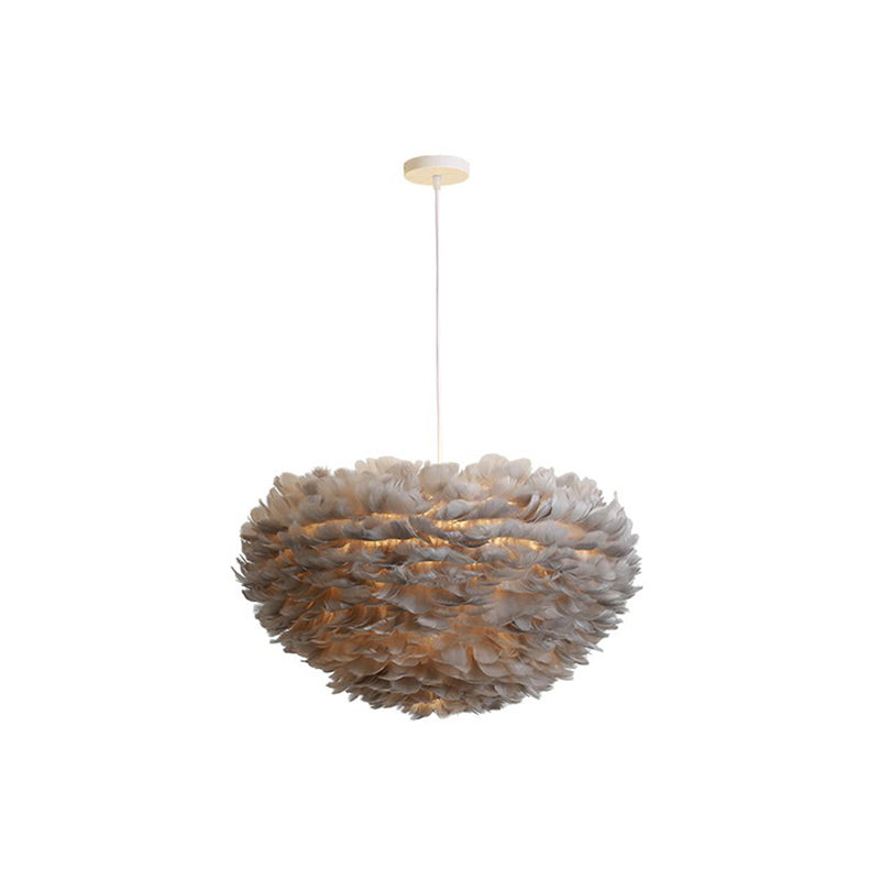 Hemispherical Living Room Feather Pendant Light Feather 1-Light Modern Suspension Light Fixture Grey 27.5