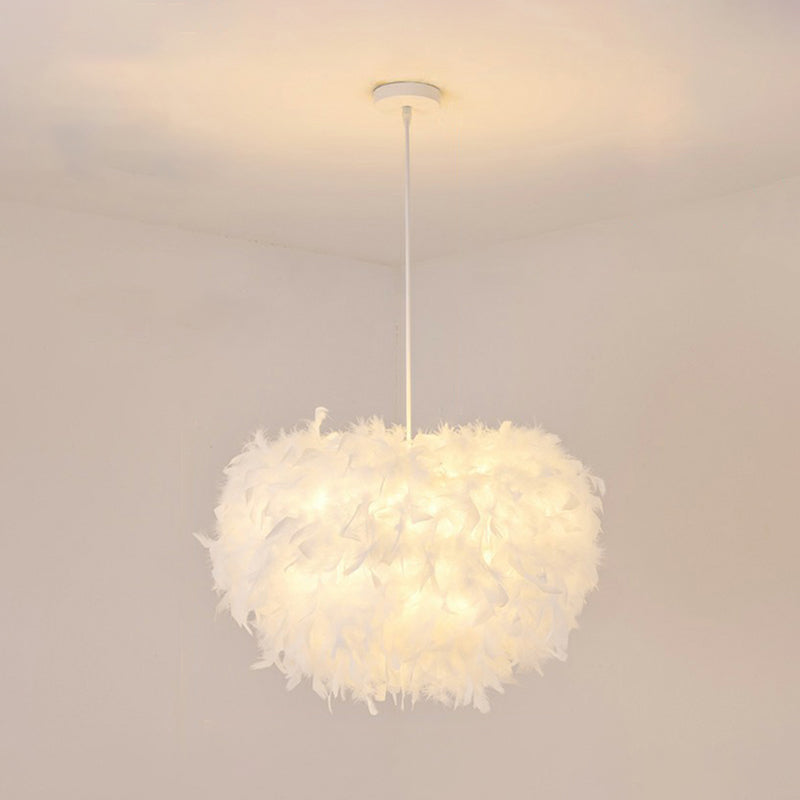 Minimalistic Hemisphere Suspension Light Feather Living Room Pendant Light Fixture in White White 14