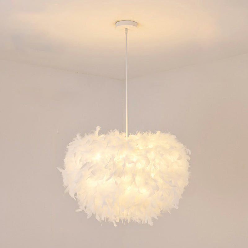 Minimalistic Hemisphere Suspension Light Feather Living Room Pendant Light Fixture in White White 18