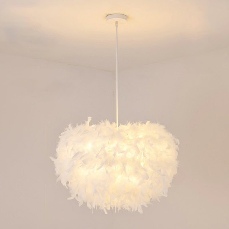 Minimalistic Hemisphere Suspension Light Feather Living Room Pendant Light Fixture in White White 20.5