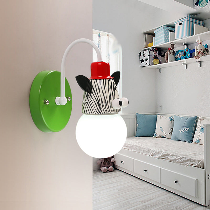 Cartoon Sphere Wall Light Fixture Opal Glass Single-Bulb Nursery Wall Mounted Lamp with Animal Decor Green C Clearhalo 'Wall Lamps & Sconces' 'Wall Lights' Lighting' 2187559