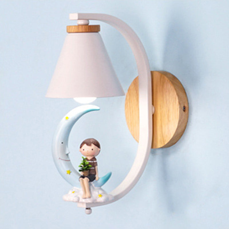 Tapered Wall Mount Light Kids Metallic 1-Light Bedside Wall Lighting with Decorative Figurine in White Clearhalo 'Wall Lamps & Sconces' 'Wall Lights' Lighting' 2187565