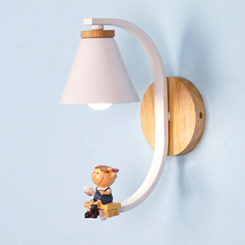 Tapered Wall Mount Light Kids Metallic 1-Light Bedside Wall Lighting with Decorative Figurine in White Clearhalo 'Wall Lamps & Sconces' 'Wall Lights' Lighting' 2187567