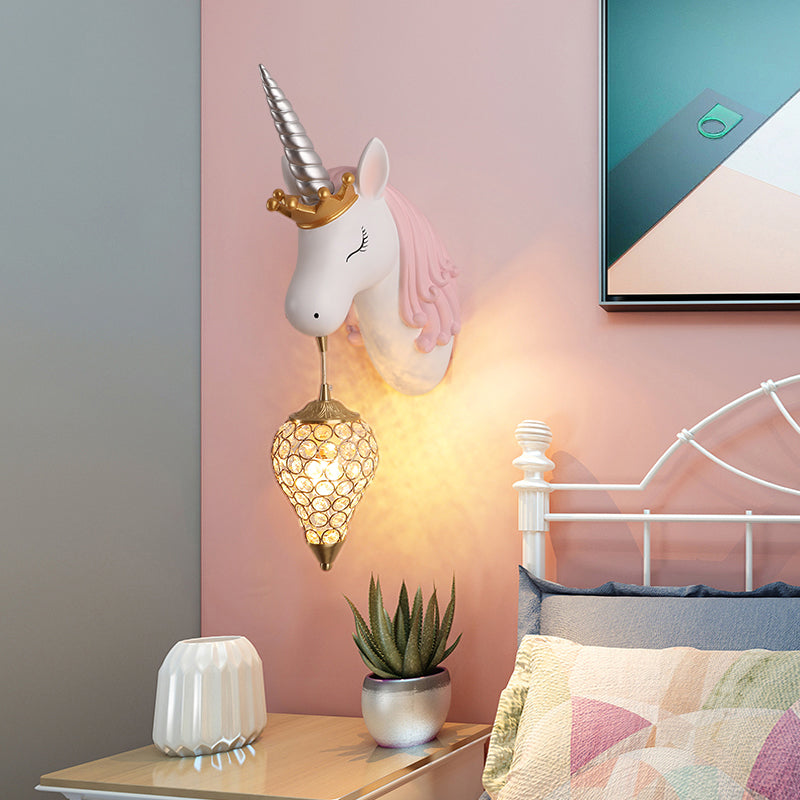 Resin Unicorn Wall Light Cartoon Single-Bulb Wall Lighting Fixture with Crystal Shade Clearhalo 'Wall Lamps & Sconces' 'Wall Lights' Lighting' 2187619