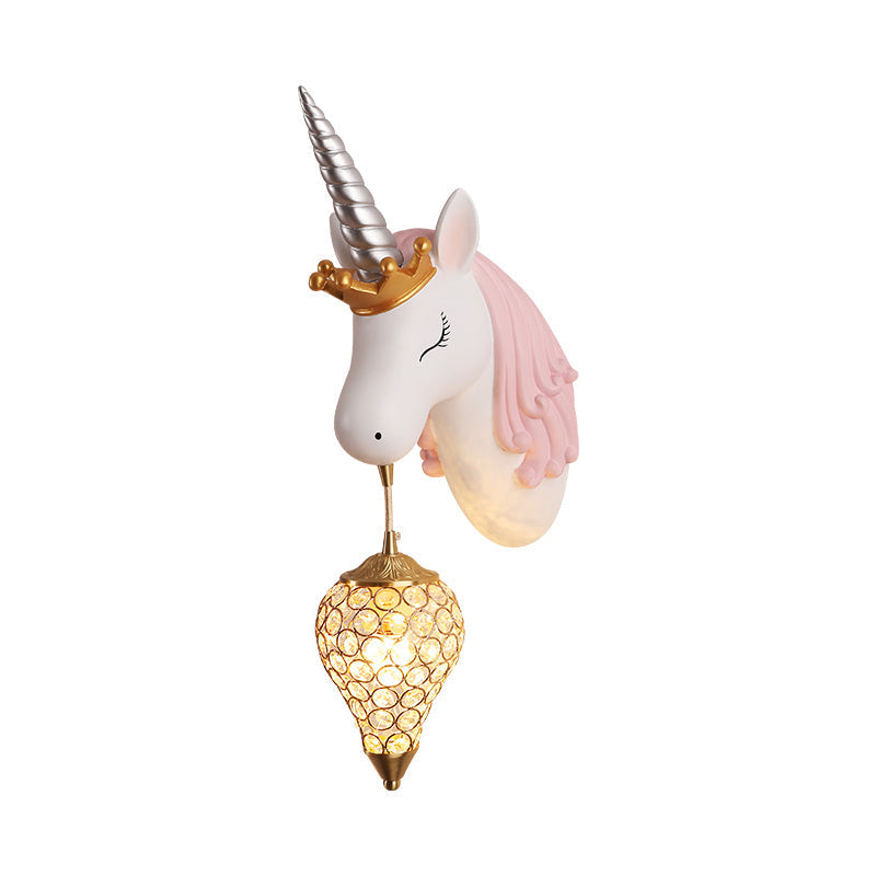 Resin Unicorn Wall Light Cartoon Single-Bulb Wall Lighting Fixture with Crystal Shade Clearhalo 'Wall Lamps & Sconces' 'Wall Lights' Lighting' 2187620