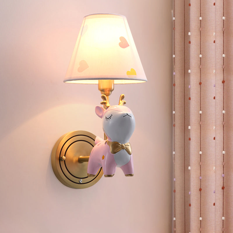 Deer Wall Mount Light Kids Resin Child Room Wall Lighting with Tapered Fabric Shade in Pink 1.0 Pink Clearhalo 'Wall Lamps & Sconces' 'Wall Lights' Lighting' 2187659