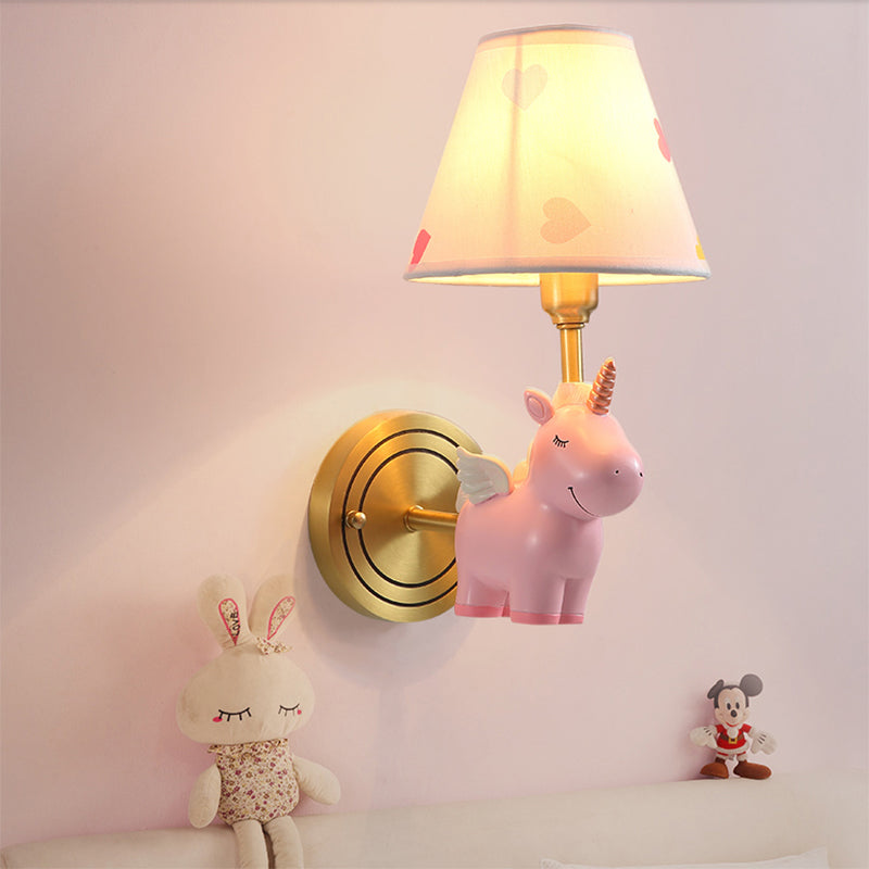 Empire Shade Nursery Wall Light Fabric Pink Cartoon Wall Lighting Fixture with Resin Unicorn Clearhalo 'Wall Lamps & Sconces' 'Wall Lights' Lighting' 2187671