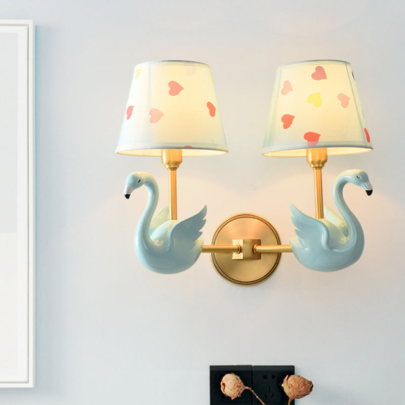 Empire Shade Bedside Wall Lamp Patterned Fabric Kids Wall Light Fixture with Resin Swan Clearhalo 'Wall Lamps & Sconces' 'Wall Lights' Lighting' 2187704