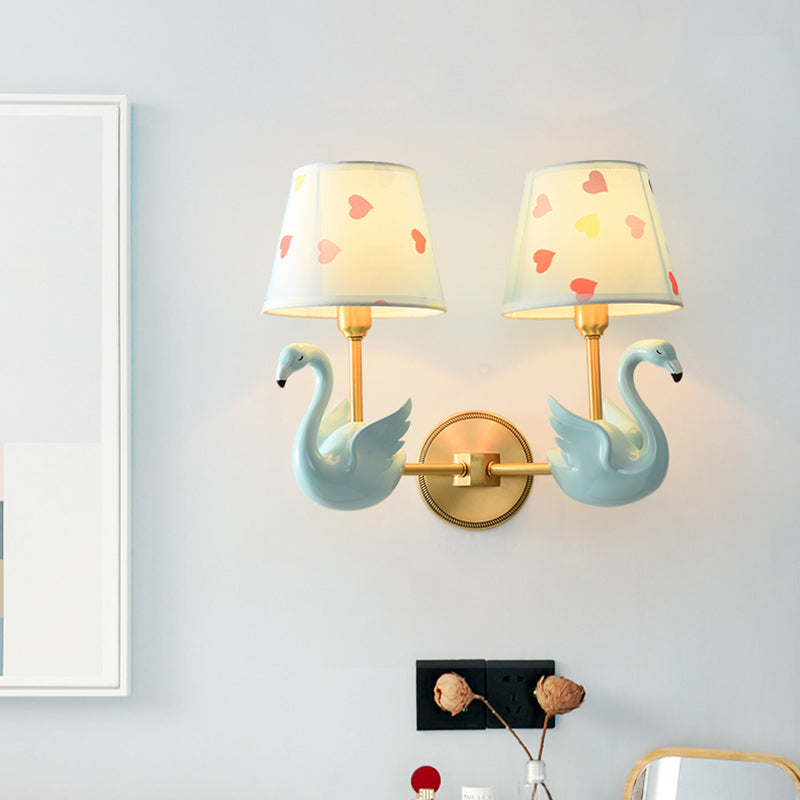 Empire Shade Bedside Wall Lamp Patterned Fabric Kids Wall Light Fixture with Resin Swan Clearhalo 'Wall Lamps & Sconces' 'Wall Lights' Lighting' 2187705