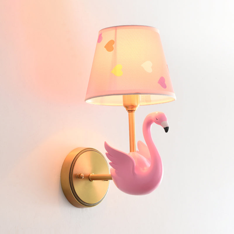 Empire Shade Bedside Wall Lamp Patterned Fabric Kids Wall Light Fixture with Resin Swan Clearhalo 'Wall Lamps & Sconces' 'Wall Lights' Lighting' 2187713