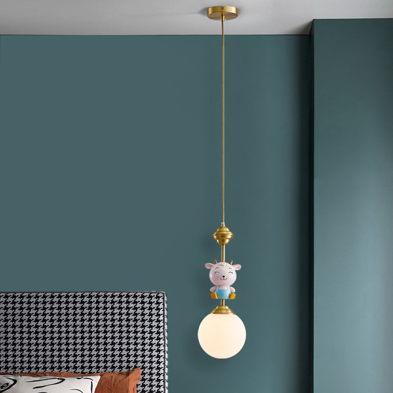 Cartoon Sphere Ceiling Light Opal Glass Single Bedroom Hanging Pendant Light with Decorative Sheep in Gold Clearhalo 'Ceiling Lights' 'Pendant Lights' 'Pendants' Lighting' 2187714