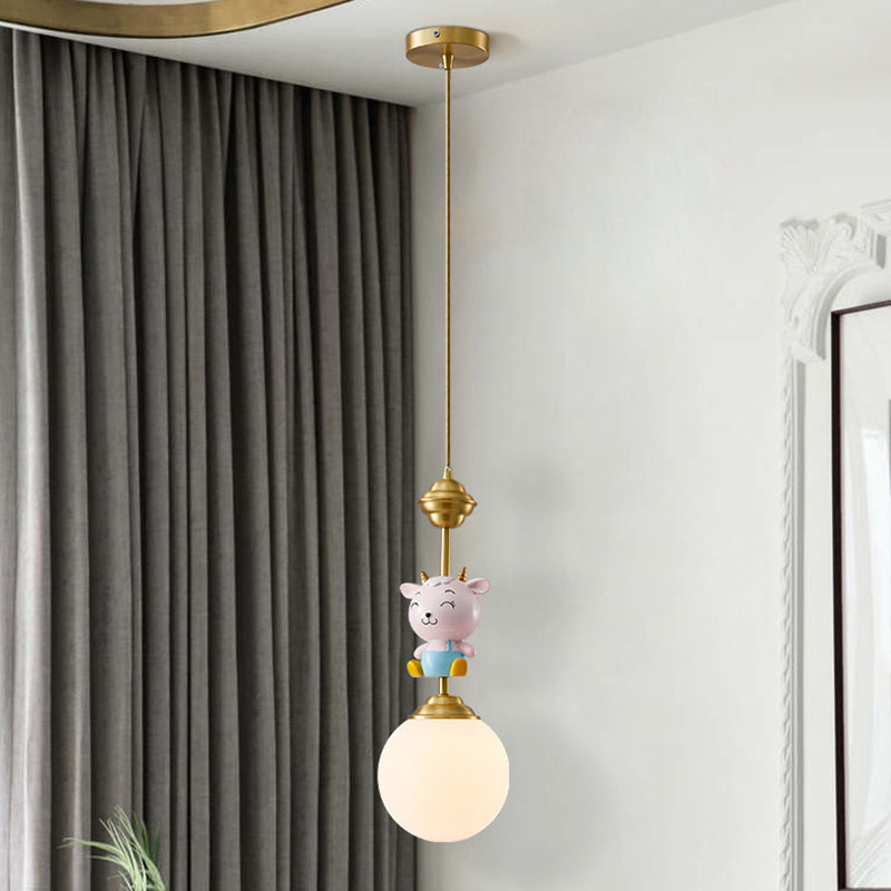 Cartoon Sphere Ceiling Light Opal Glass Single Bedroom Hanging Pendant Light with Decorative Sheep in Gold Clearhalo 'Ceiling Lights' 'Pendant Lights' 'Pendants' Lighting' 2187716