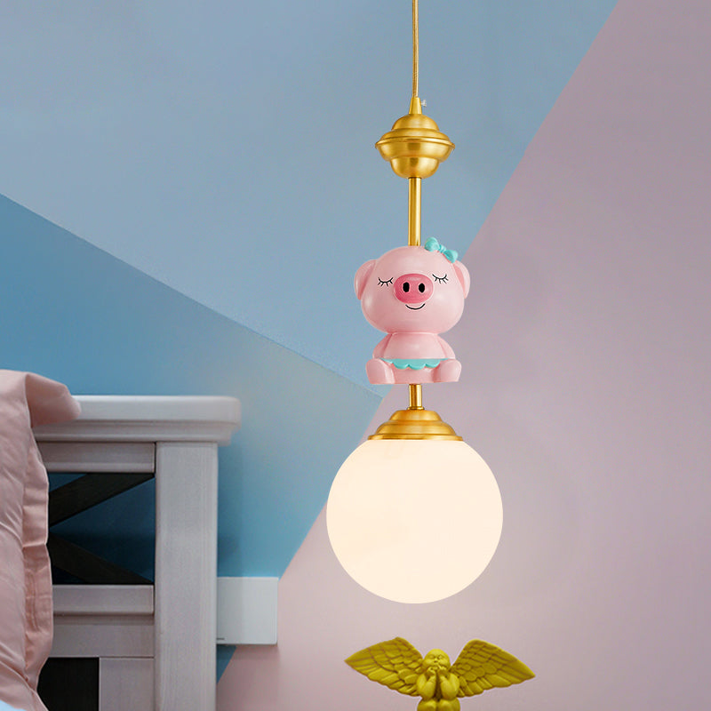 Pig Pendant Light Kids Style Resin Single-Bulb Nursery Suspension Light with Globe Opal Glass Shade in Gold Clearhalo 'Ceiling Lights' 'Pendant Lights' 'Pendants' Lighting' 2187720