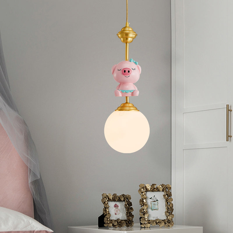 Pig Pendant Light Kids Style Resin Single-Bulb Nursery Suspension Light with Globe Opal Glass Shade in Gold Clearhalo 'Ceiling Lights' 'Pendant Lights' 'Pendants' Lighting' 2187721