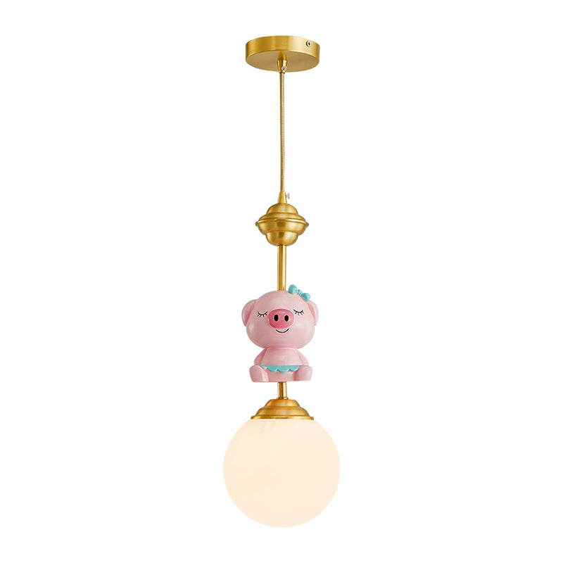 Pig Pendant Light Kids Style Resin Single-Bulb Nursery Suspension Light with Globe Opal Glass Shade in Gold Clearhalo 'Ceiling Lights' 'Pendant Lights' 'Pendants' Lighting' 2187722