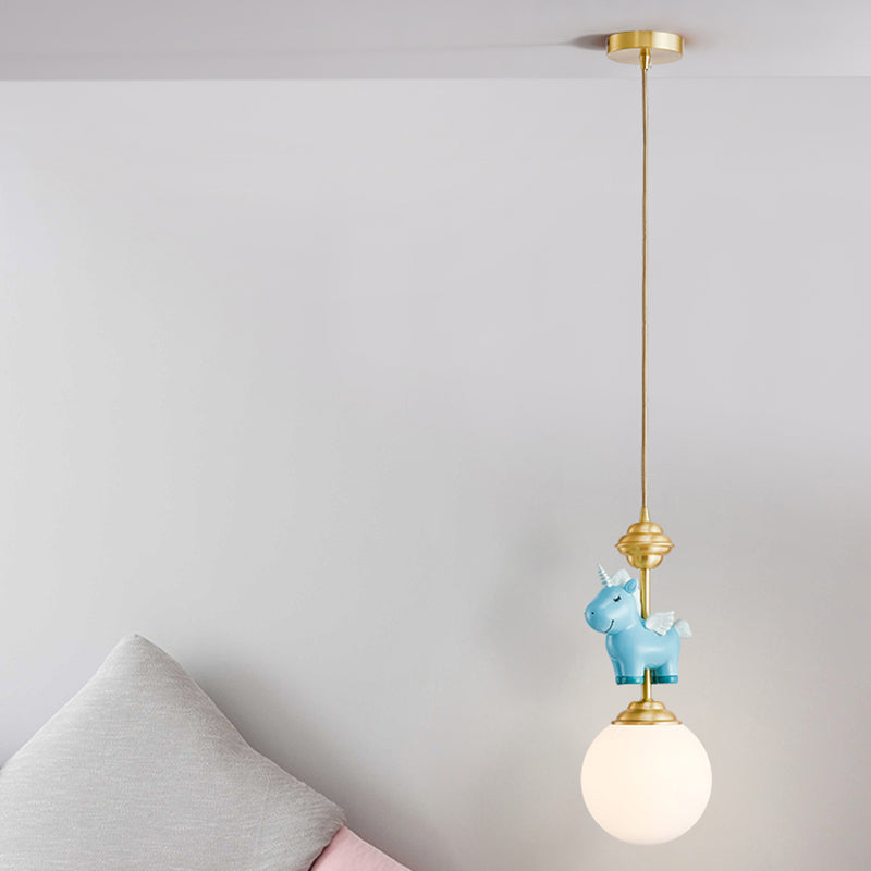 Cream Glass Globe Suspension Light Kids 1-Light Pendant Light Fixture with Resin Unicorn Blue B Clearhalo 'Ceiling Lights' 'Pendant Lights' 'Pendants' Lighting' 2187723_79d74cd3-2e74-42a6-ba21-ffd214861ec2