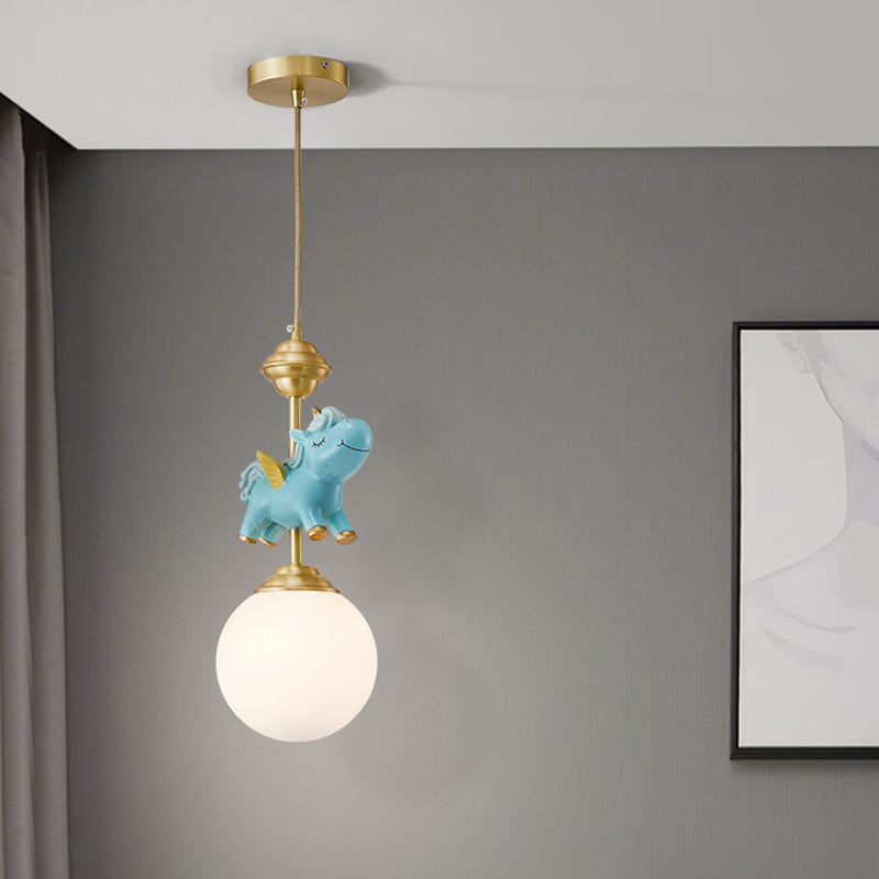 Cream Glass Globe Suspension Light Kids 1-Light Pendant Light Fixture with Resin Unicorn Clearhalo 'Ceiling Lights' 'Pendant Lights' 'Pendants' Lighting' 2187724