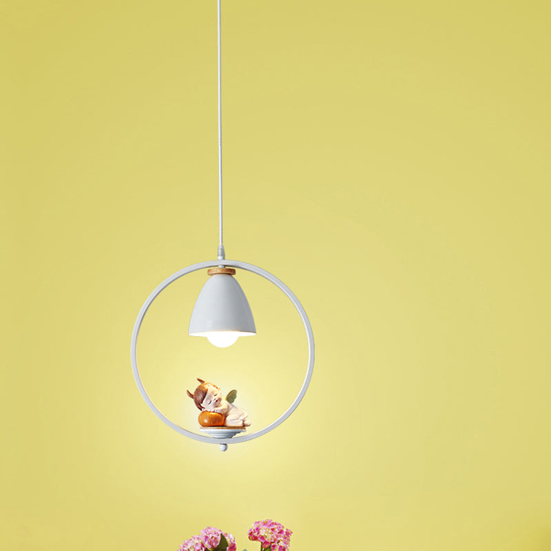 Tapered Shade Metallic Suspension Light Kids Single Textured White Pendant Light with Halo Ring and Resin Figurine Clearhalo 'Ceiling Lights' 'Pendant Lights' 'Pendants' Lighting' 2187734