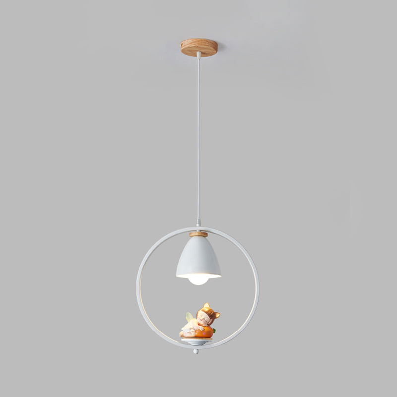 Tapered Shade Metallic Suspension Light Kids Single Textured White Pendant Light with Halo Ring and Resin Figurine Clearhalo 'Ceiling Lights' 'Pendant Lights' 'Pendants' Lighting' 2187738