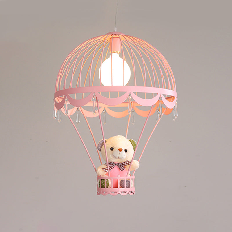 Hot Air Balloon Bedside Ceiling Light Metal Single Cartoon Hanging Lamp with Bear and Crystal Accent Clearhalo 'Ceiling Lights' 'Pendant Lights' 'Pendants' Lighting' 2187744