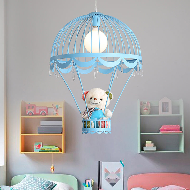 Hot Air Balloon Bedside Ceiling Light Metal Single Cartoon Hanging Lamp with Bear and Crystal Accent Clearhalo 'Ceiling Lights' 'Pendant Lights' 'Pendants' Lighting' 2187745