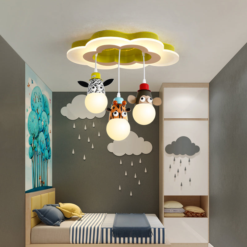 Metallic Animal Head Multi Ceiling Lamp Kids White Suspension Light with Cloud Shaped Canopy 3 White Clearhalo 'Ceiling Lights' 'Glass shade' 'Glass' 'Pendant Lights' 'Pendants' Lighting' 2187766