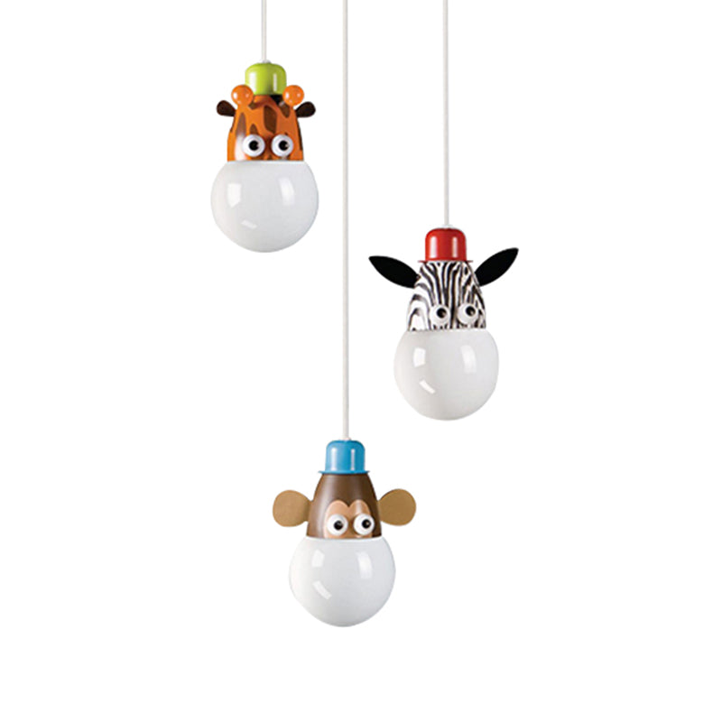 White Globe Hanging Light Cartoon 3 Heads Acrylic Multi Light Pendant with Animal Head Decor Clearhalo 'Ceiling Lights' 'Pendant Lights' 'Pendants' Lighting' 2187771