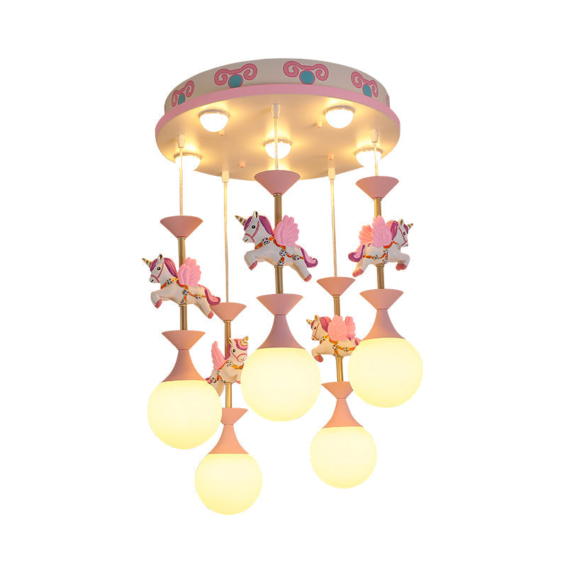 Cartoon Flying Unicorn Multi Light Pendant Resin Kindergarten Hanging Lighting with Sphere Cream Glass Shade Clearhalo 'Ceiling Lights' 'Pendant Lights' 'Pendants' Lighting' 2187785