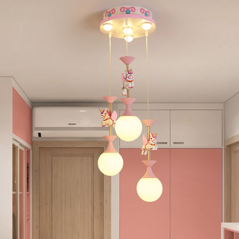 Cartoon Flying Unicorn Multi Light Pendant Resin Kindergarten Hanging Lighting with Sphere Cream Glass Shade Clearhalo 'Ceiling Lights' 'Pendant Lights' 'Pendants' Lighting' 2187789